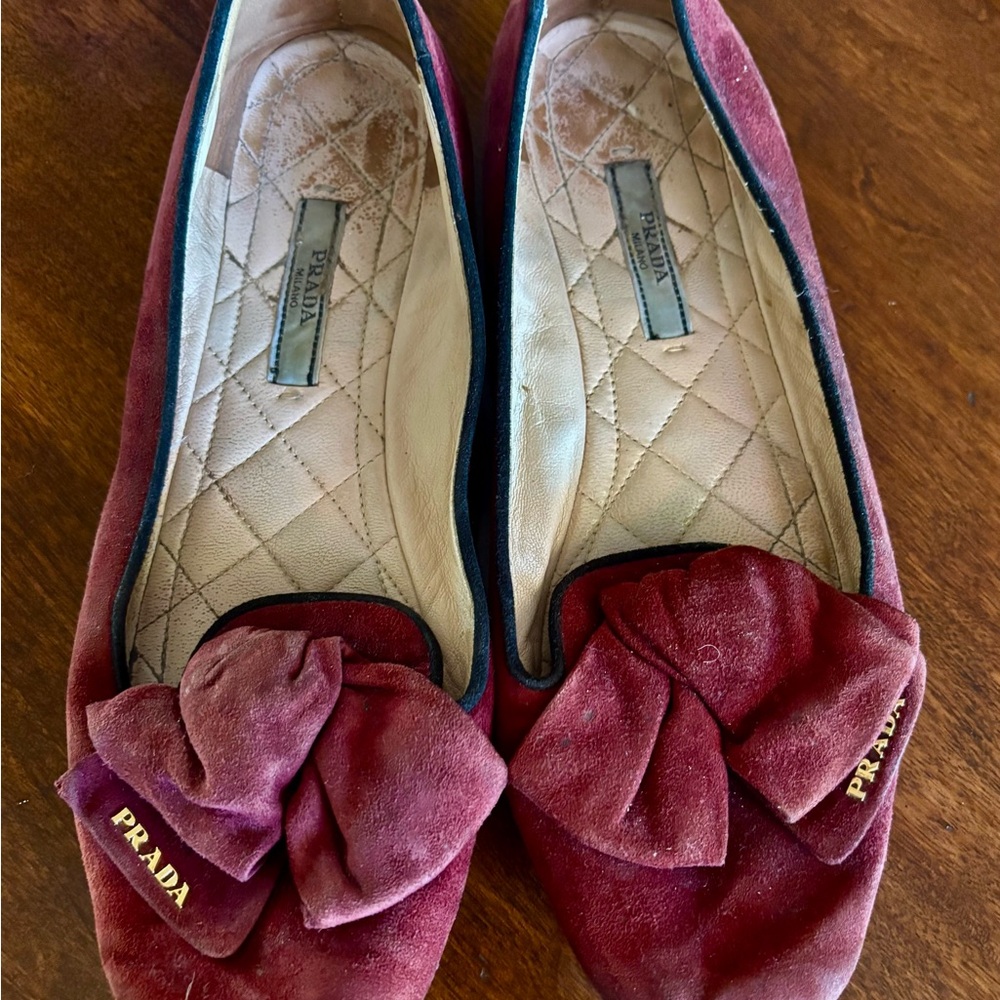 Prada Women's Burgundy Suede Bow Flats